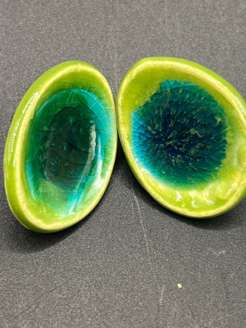 Vintage Green and Teal Glazed Ceramic Oval Earrings
